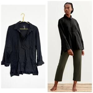 ADAY Relax I'm Flax Linen Snap Button Shirt Size Medium Black Oversized Chic
